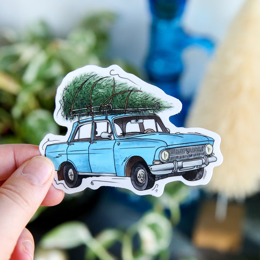 Winter Car with Tree - Sticker